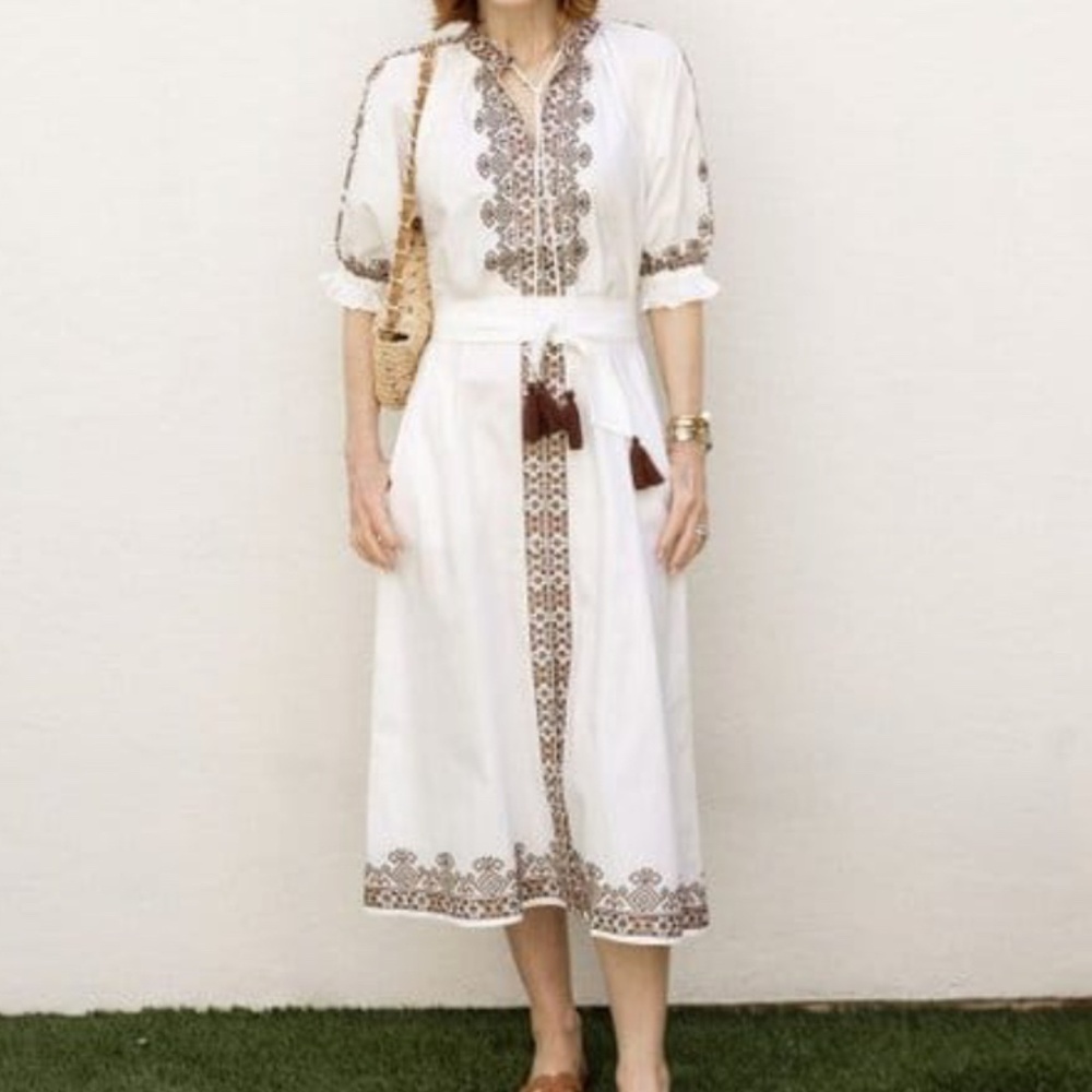 Julia Amory Short Sleeve Coatue Caftan Embroidered Midi Dress